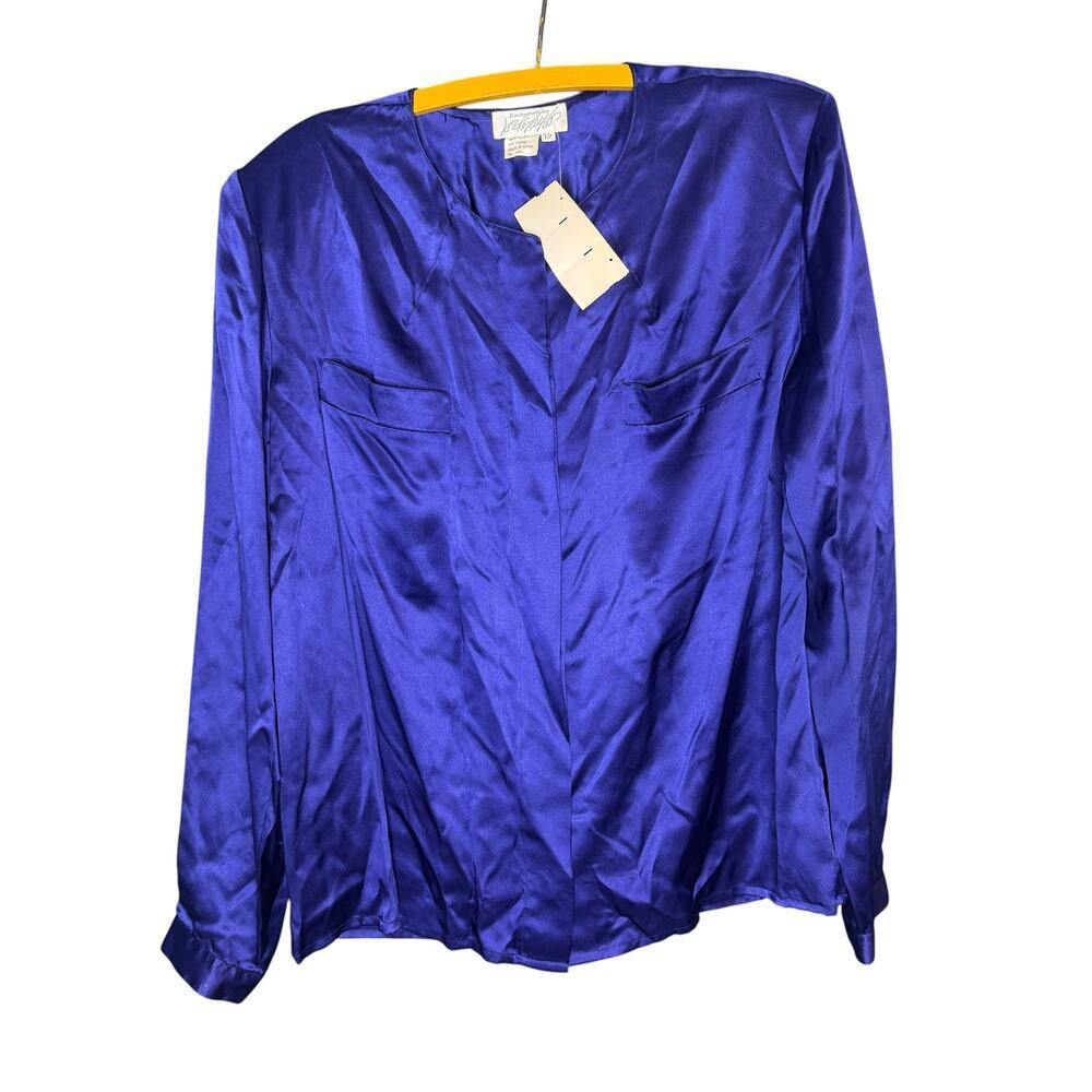 Lord & Taylor Vintage 100% Silk Blouse Womens 12 Blue Shoulder Pad Hidden Button